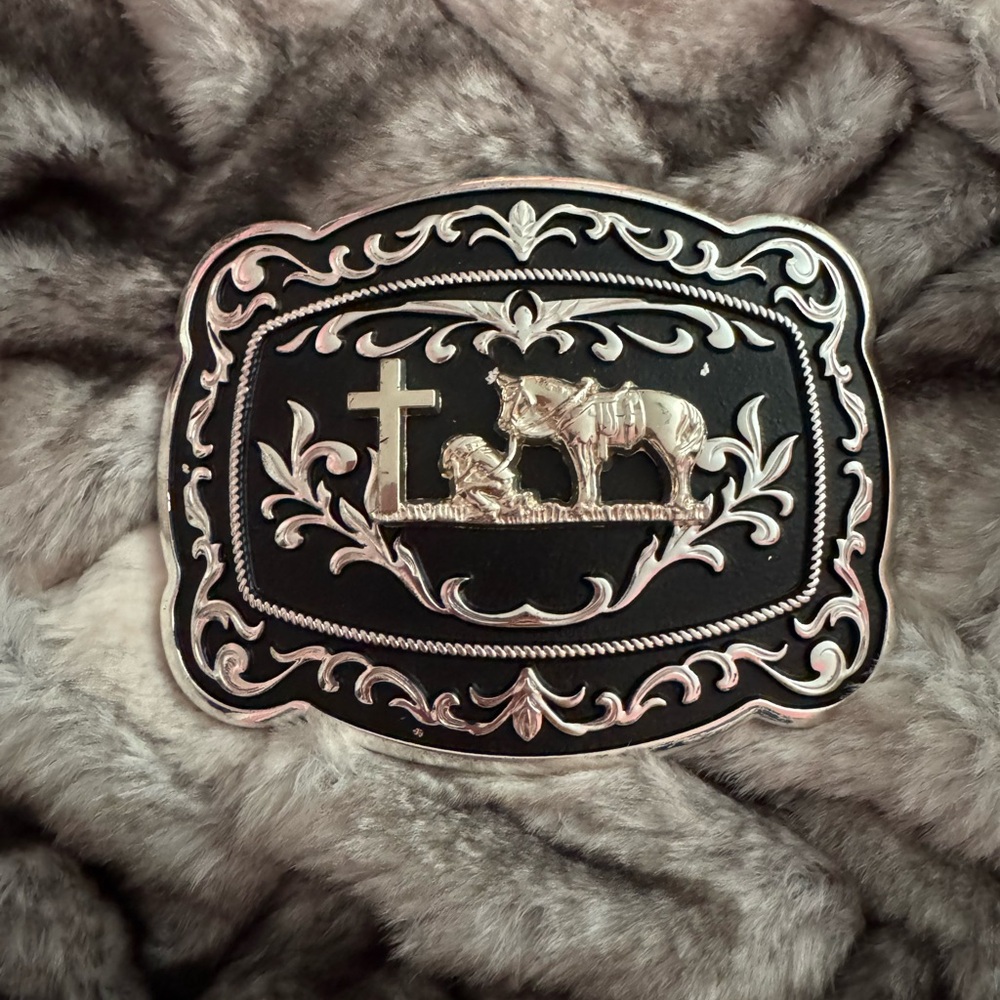 Cross Praying Cowboy Silver and Black Western Belt Buckle
